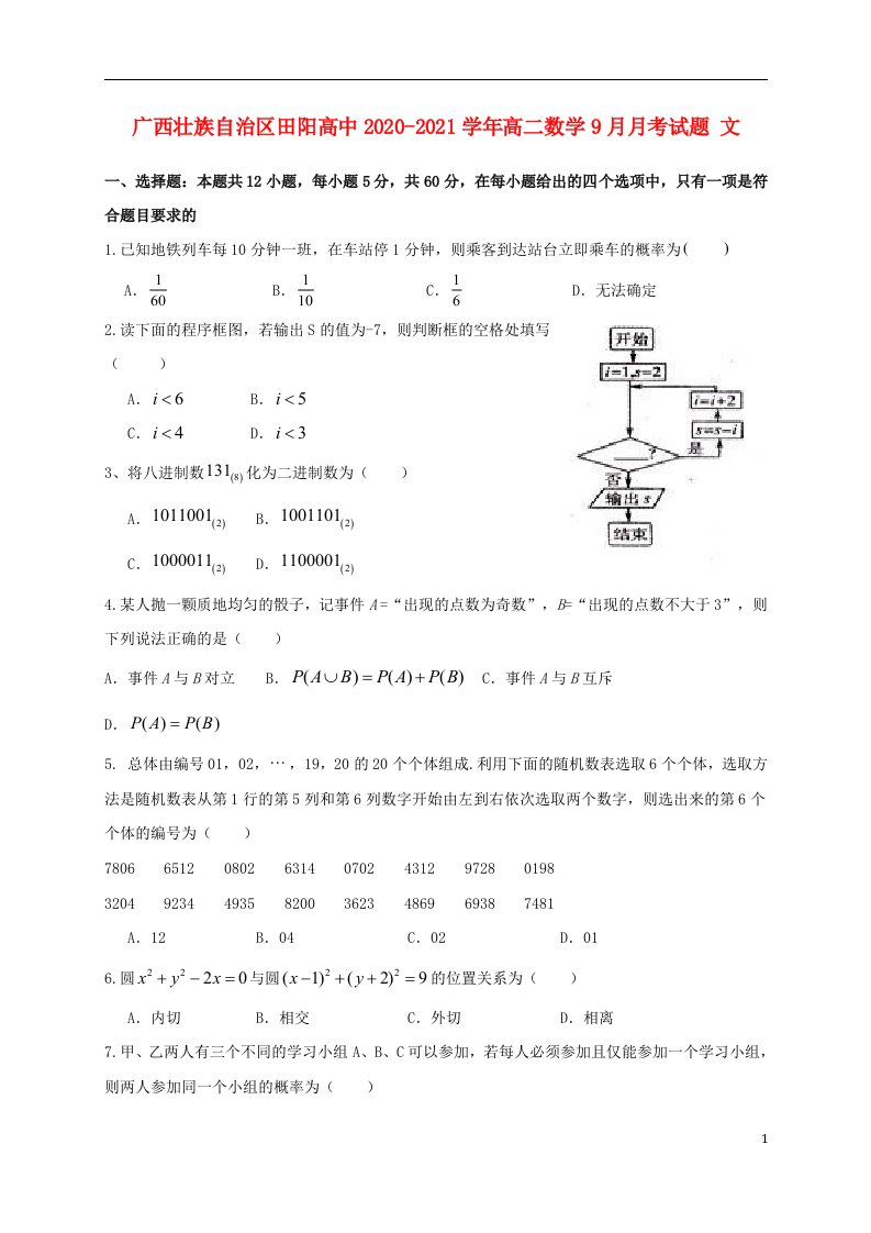 广西壮族自治区田阳高中2020_2021学年高二数学9月月考试题文