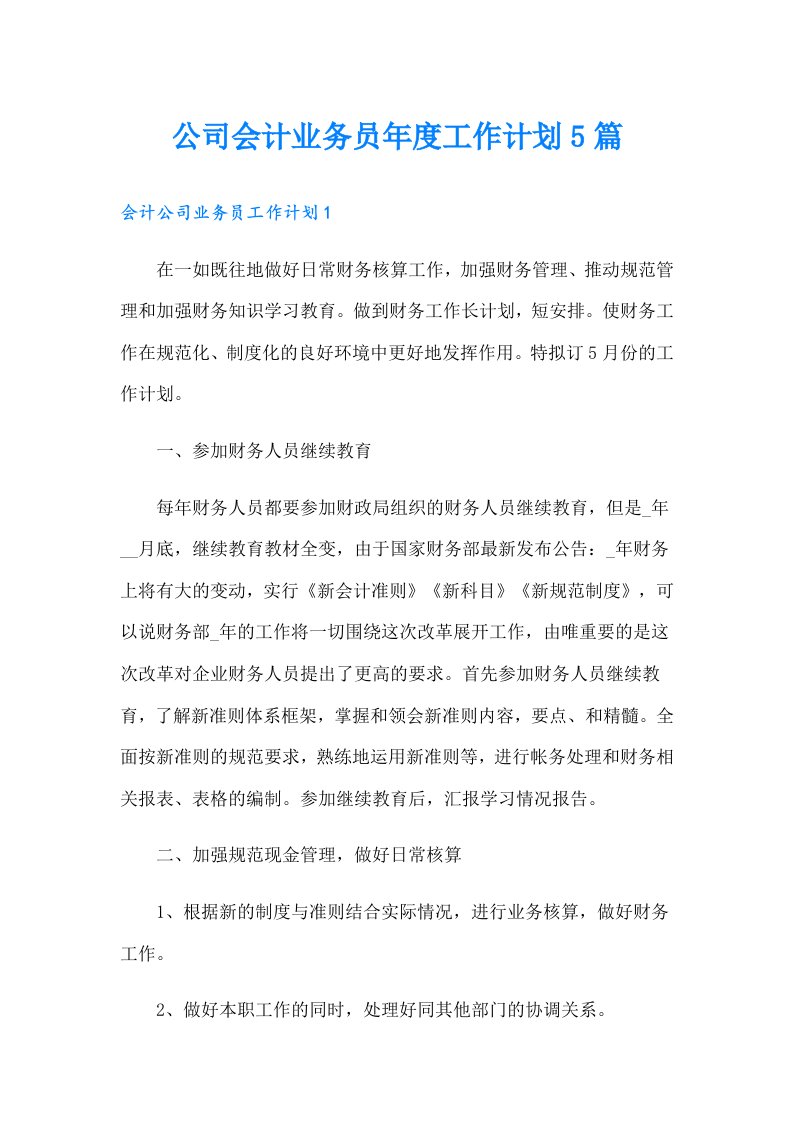 公司会计业务员年度工作计划5篇