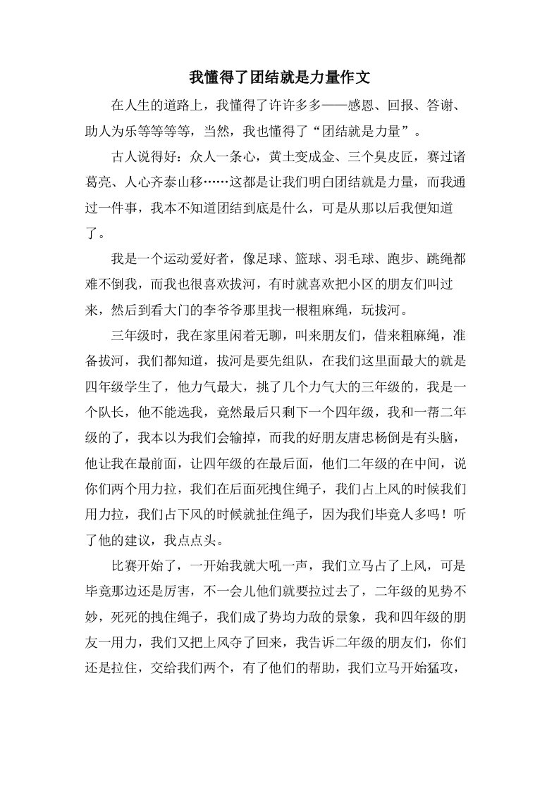 我懂得了团结就是力量作文