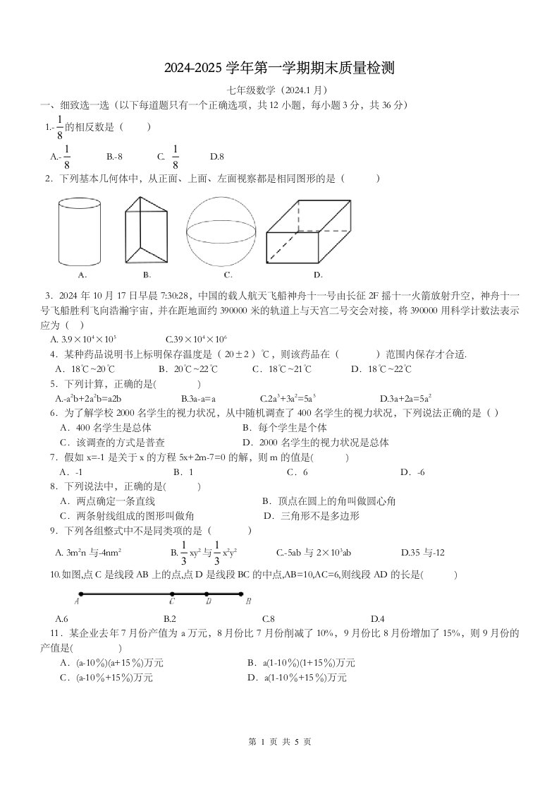 广东省深圳市龙岗区2024-2025学年七年级上学期期末考试数学试卷及答案(word版)