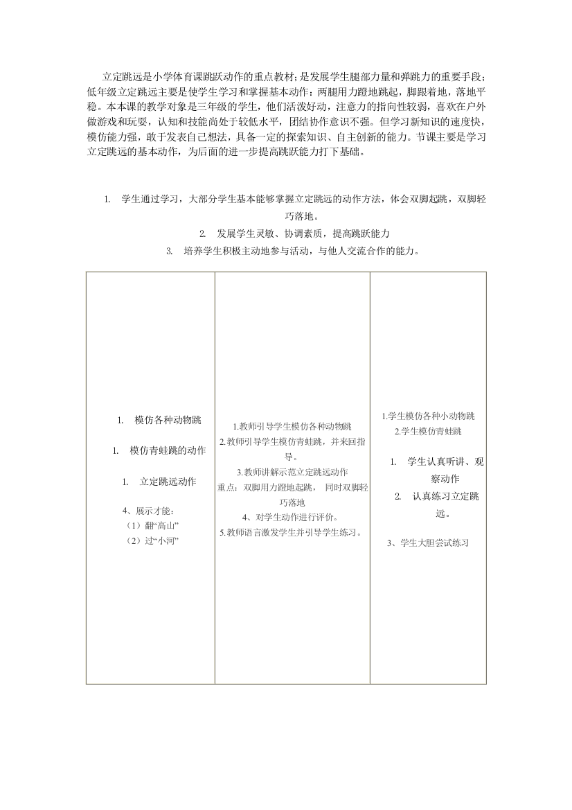 立定跳远是小学体育课跳跃动作的重点教材