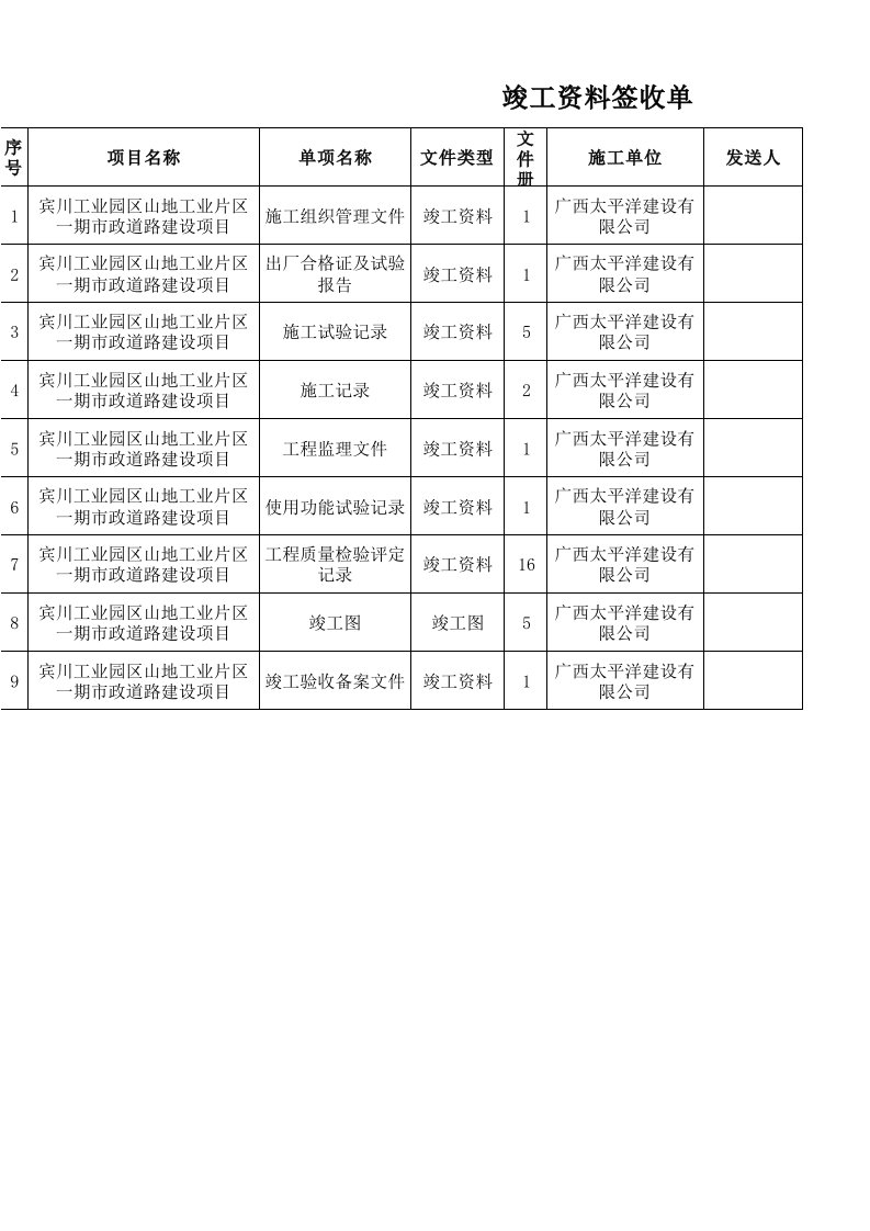 竣工资料签收单