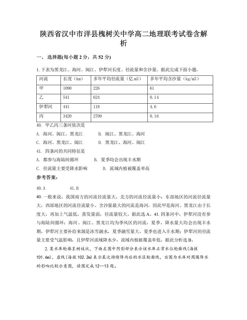 陕西省汉中市洋县槐树关中学高二地理联考试卷含解析