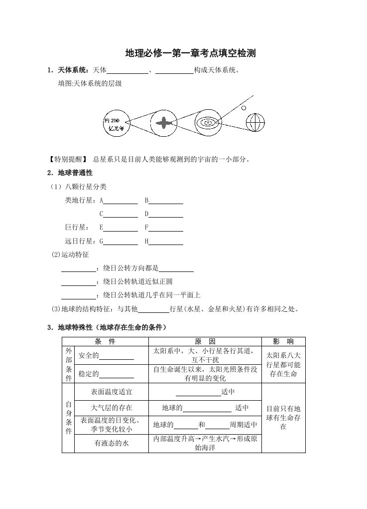 地理必修一第一章考点填空检测