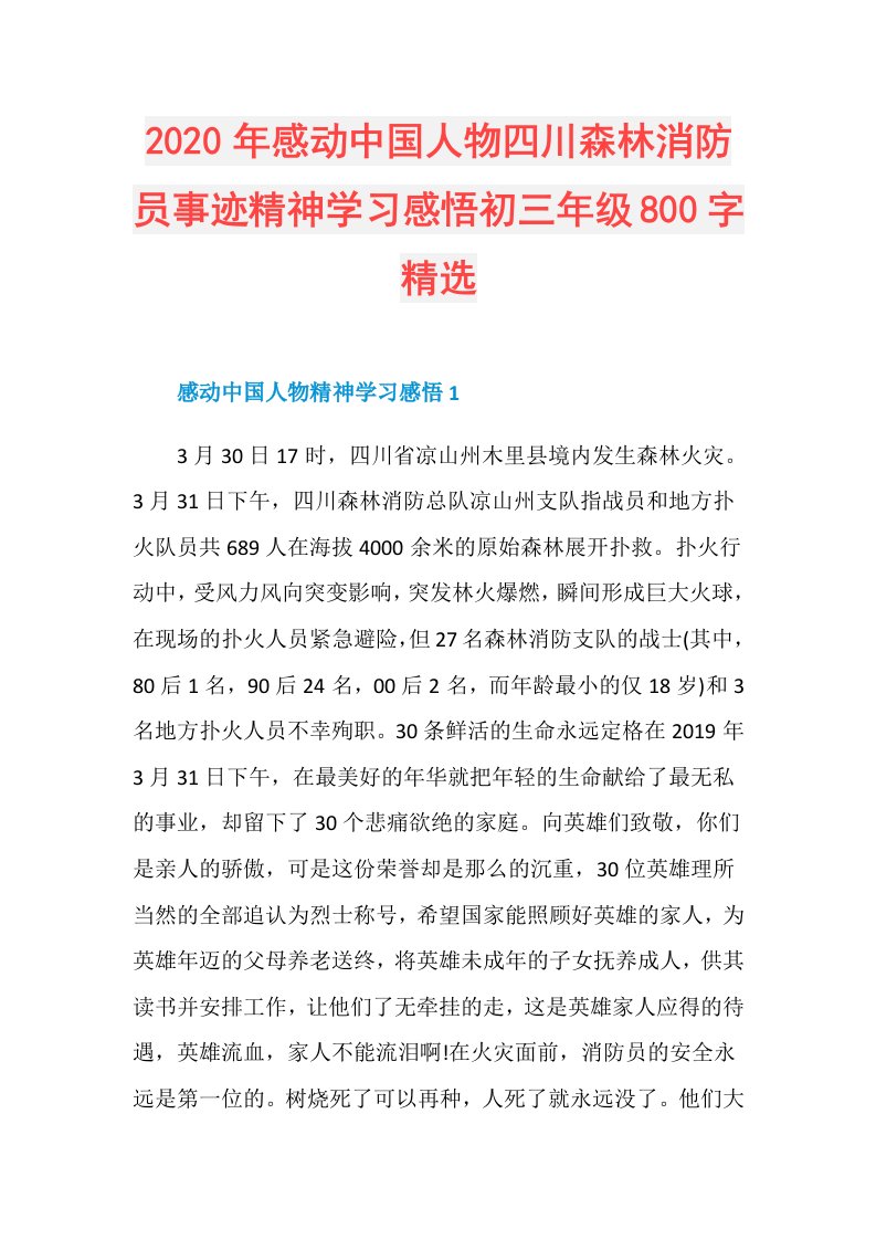 年感动中国人物四川森林消防员事迹精神学习感悟初三年级800字精选