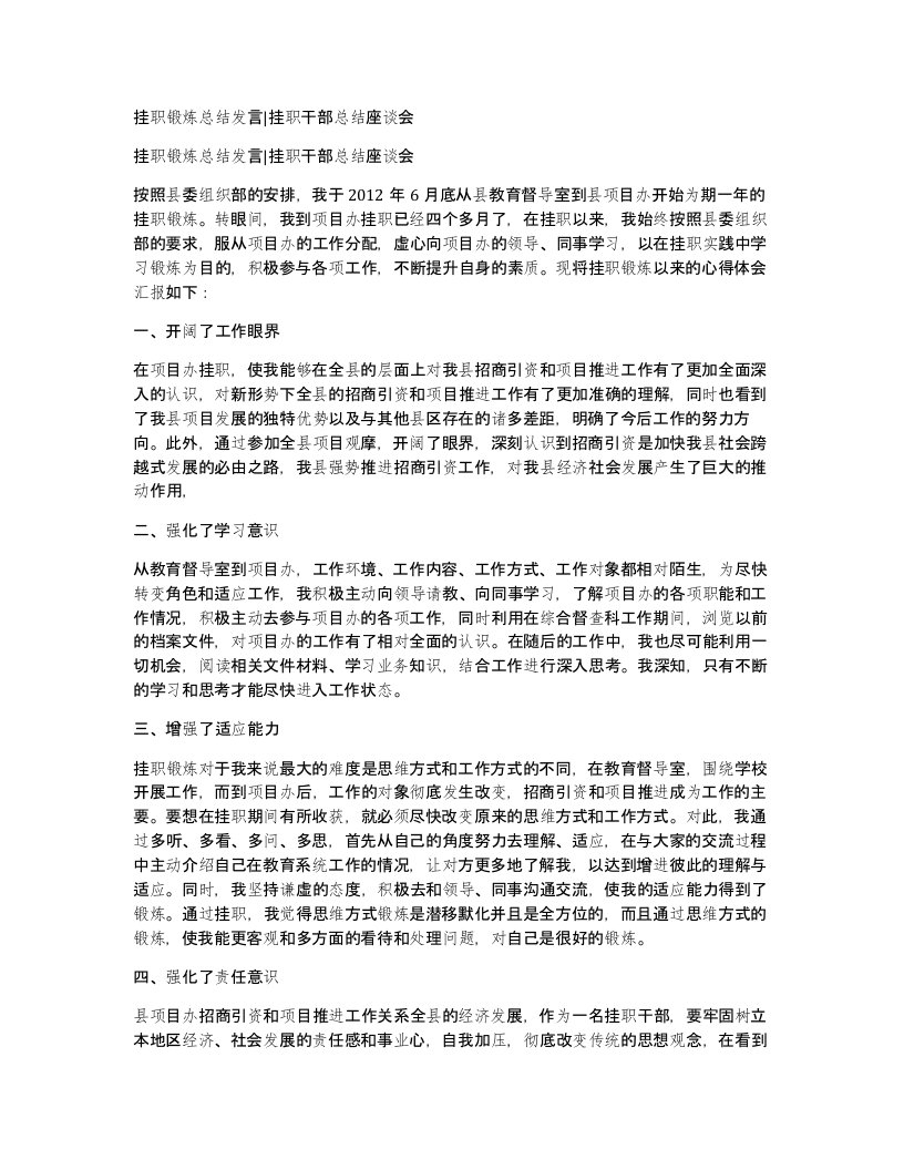 挂职锻炼总结发言挂职干部总结座谈会