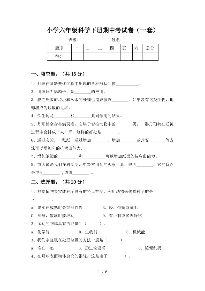 小学六年级科学下册期中考试卷一套