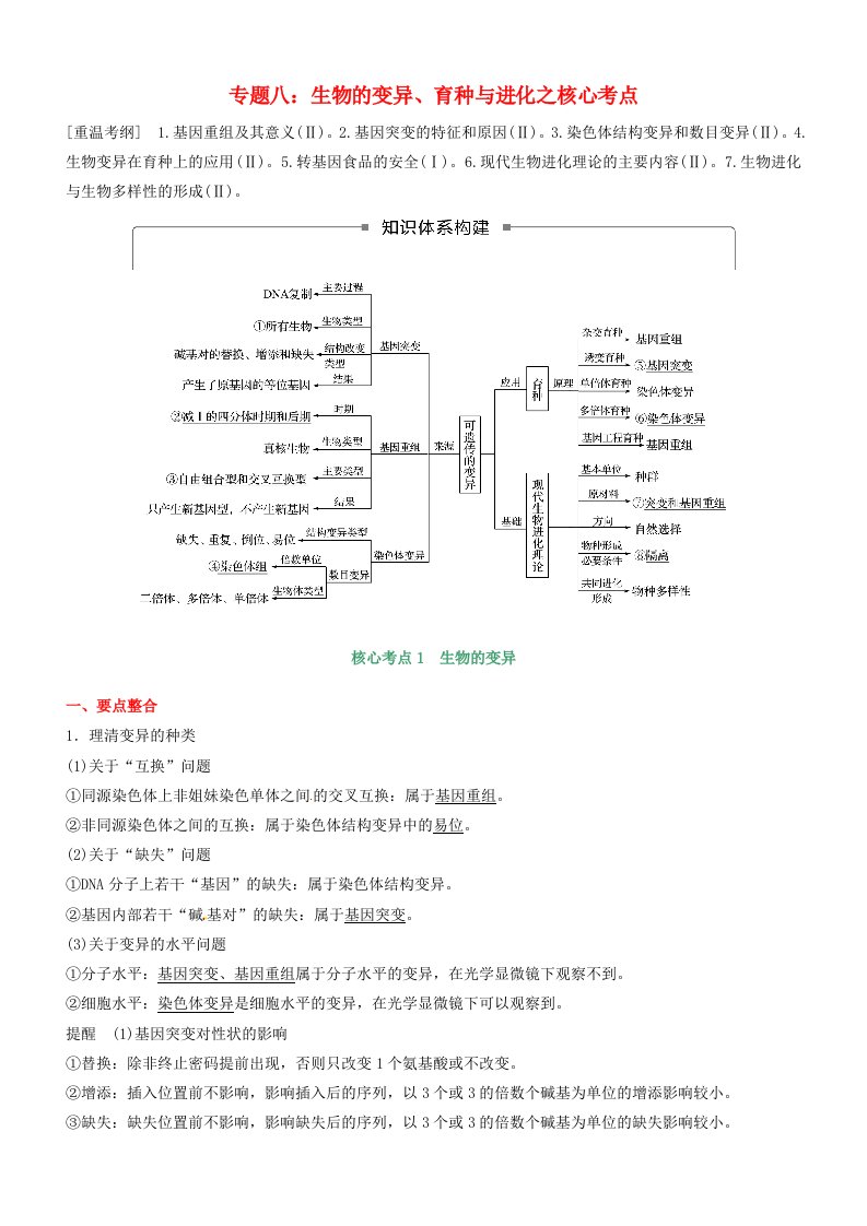 高考生物二轮复习核心考点之提分冲刺专题08生物的变异育种与进化