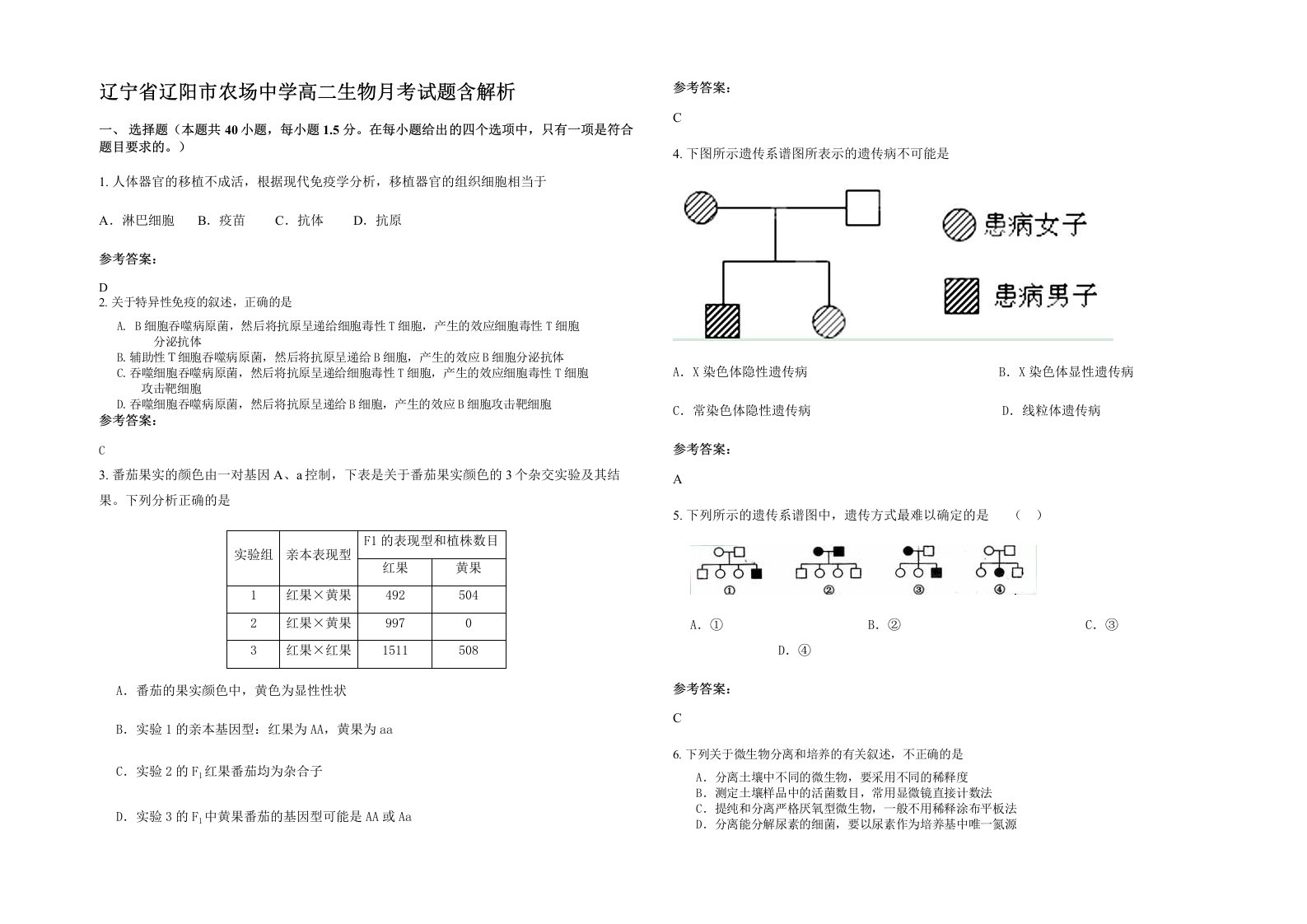 辽宁省辽阳市农场中学高二生物月考试题含解析