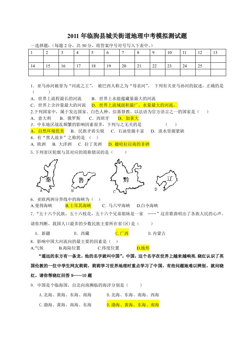 2011年临朐县城关街道中考地理模拟测试题