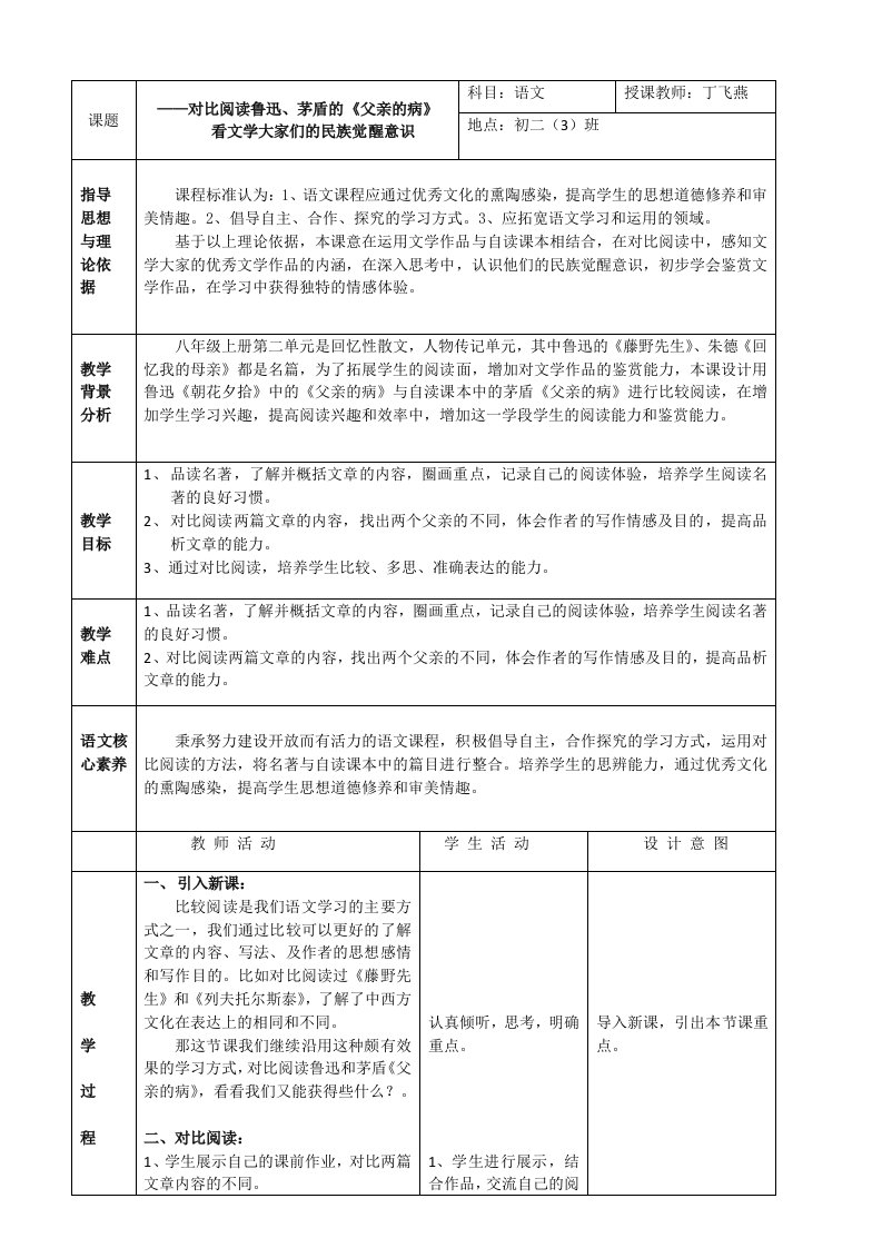 课题——对比阅读鲁迅、茅盾的《父亲的病》