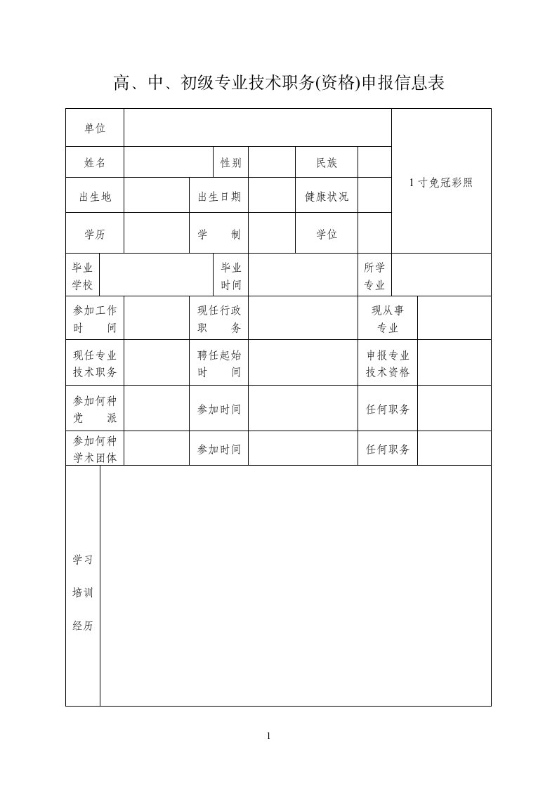 高、中、初级专业技术职务（资格）申报信息表格