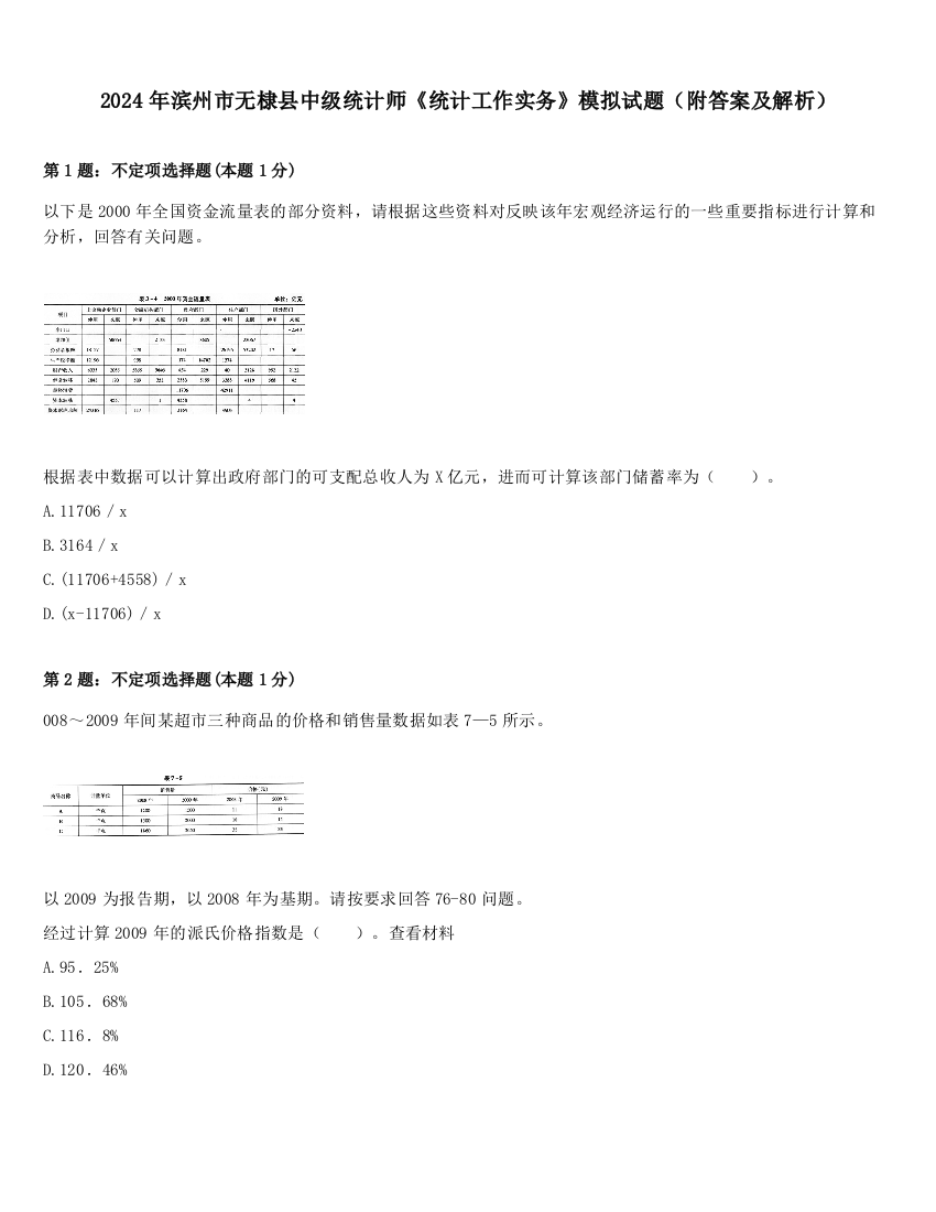 2024年滨州市无棣县中级统计师《统计工作实务》模拟试题（附答案及解析）