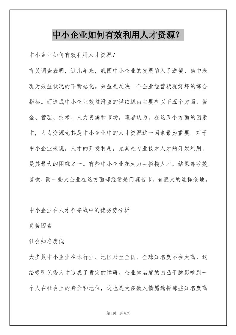 中小企业如何有效利用人才资源