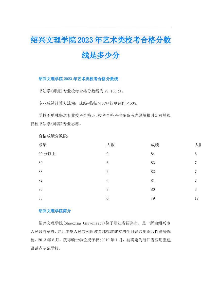 绍兴文理学院艺术类校考合格分数线是多少分