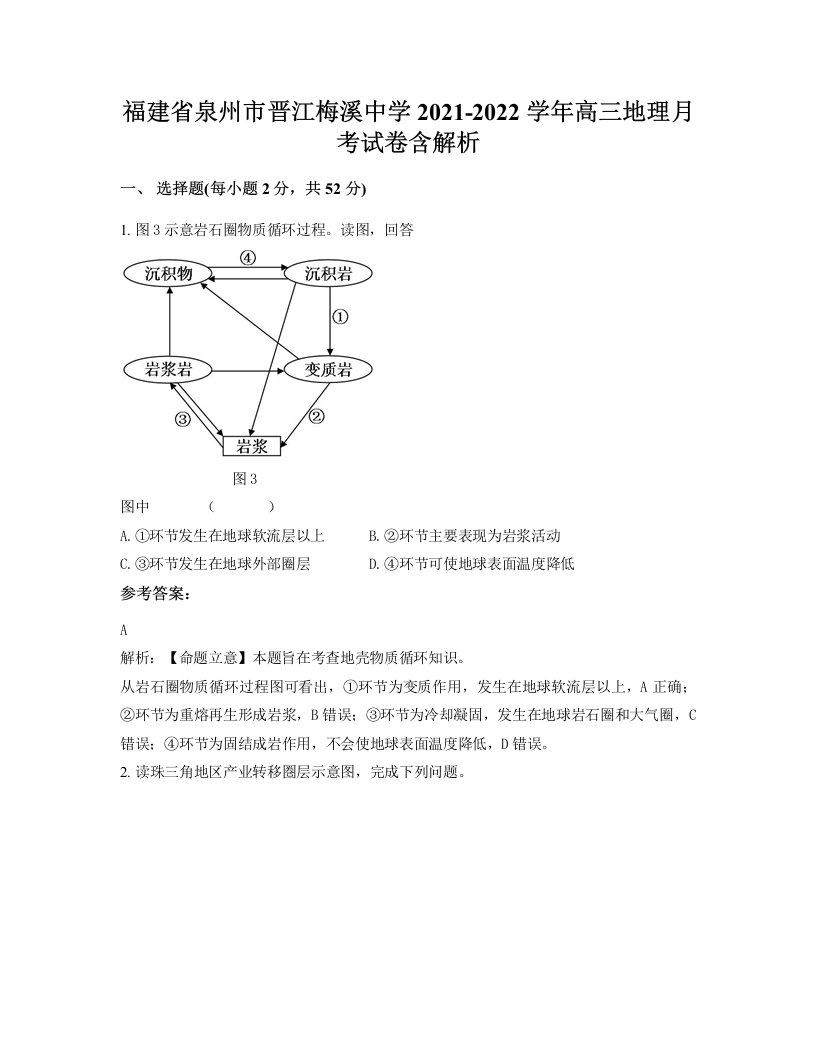 福建省泉州市晋江梅溪中学2021-2022学年高三地理月考试卷含解析