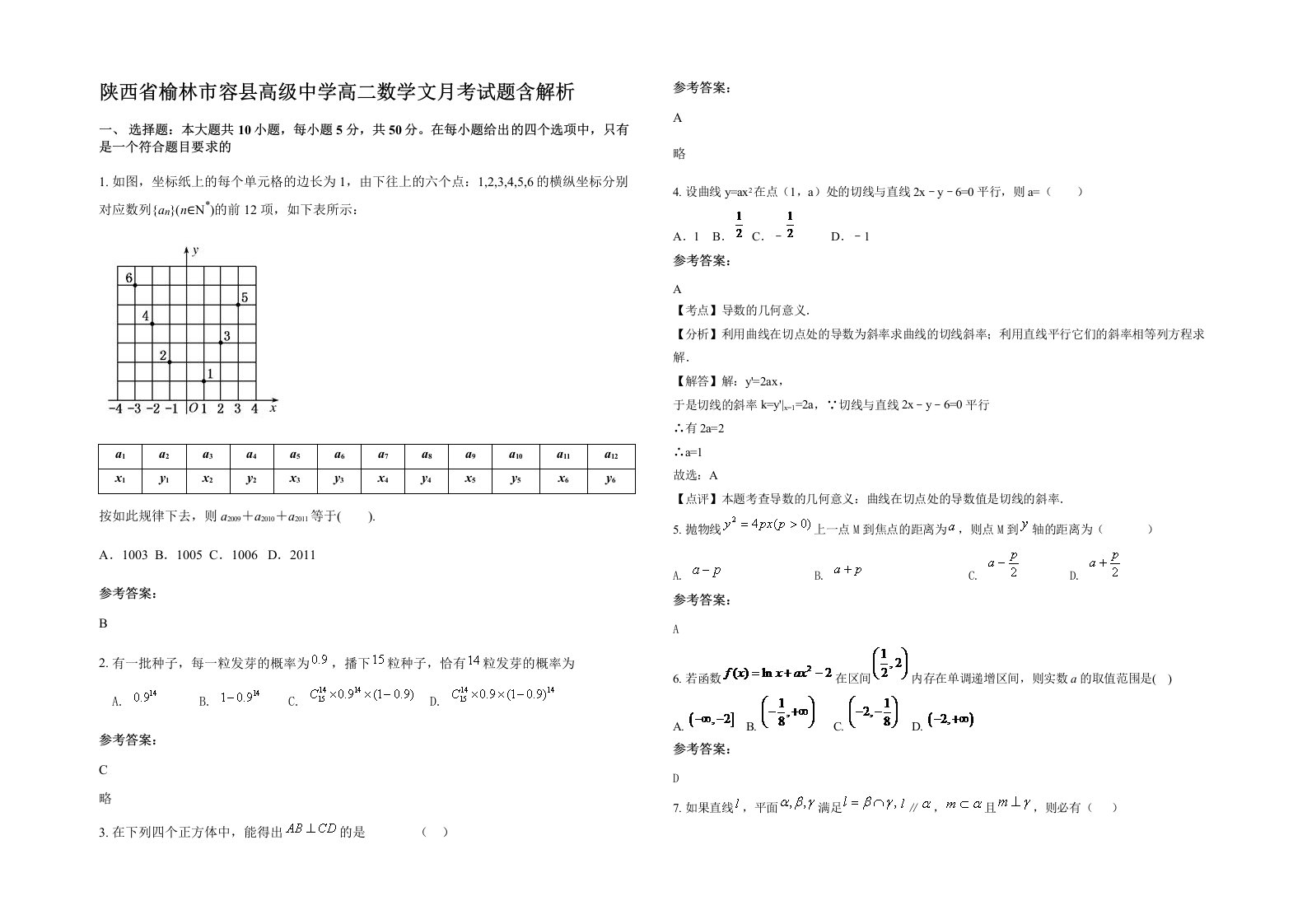 陕西省榆林市容县高级中学高二数学文月考试题含解析