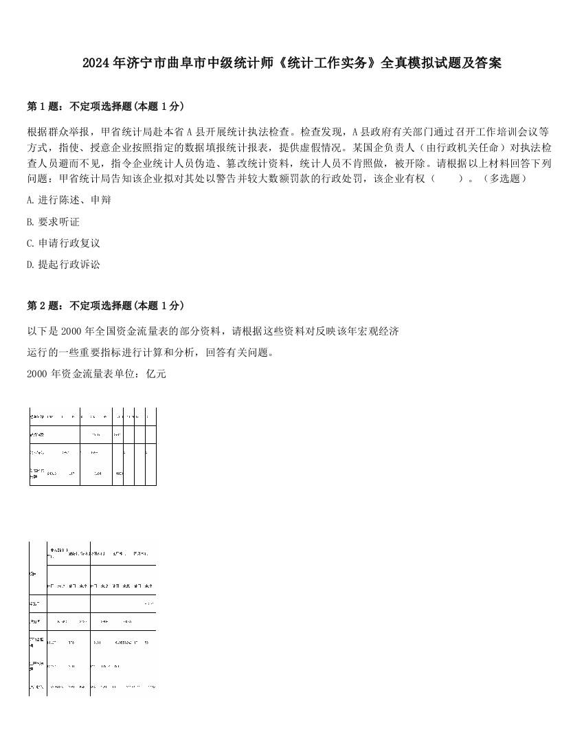 2024年济宁市曲阜市中级统计师《统计工作实务》全真模拟试题及答案