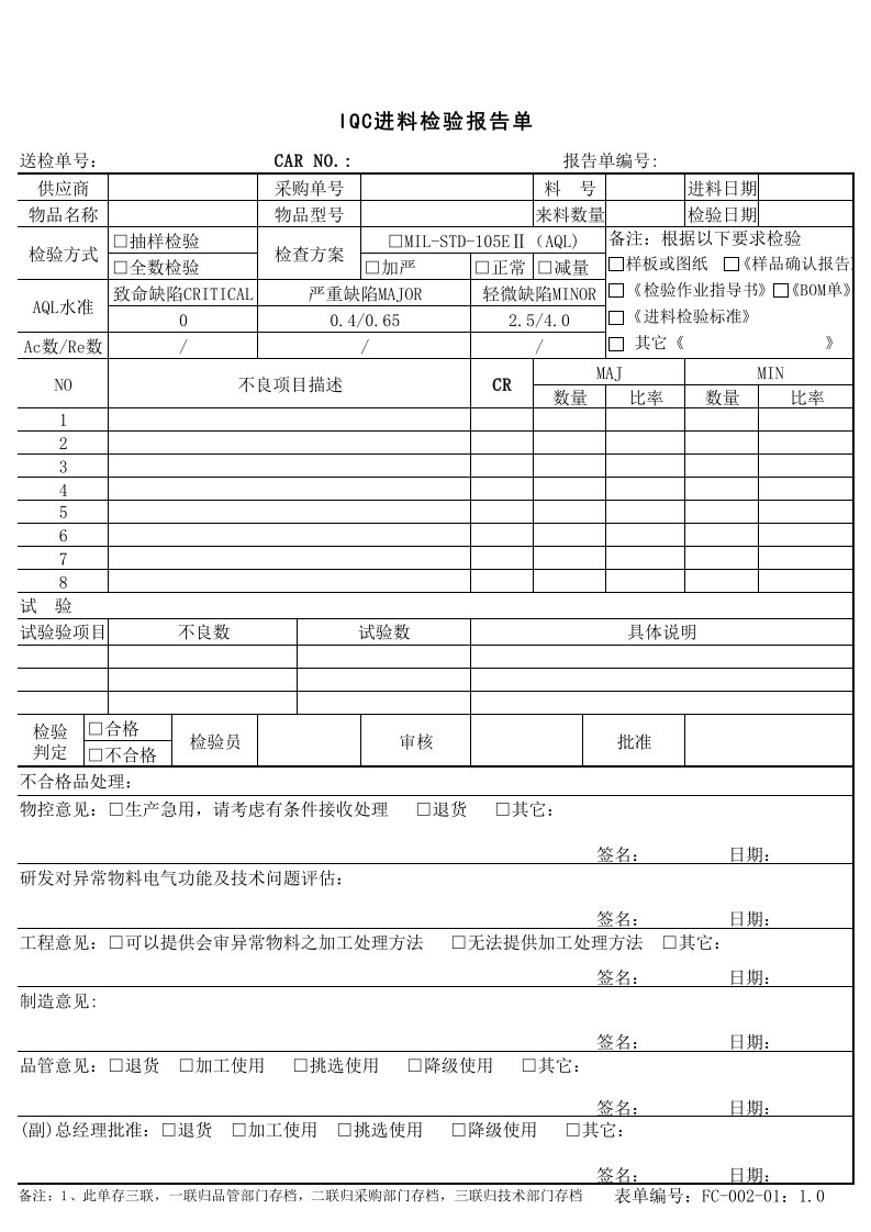 IQC进料检验报告单