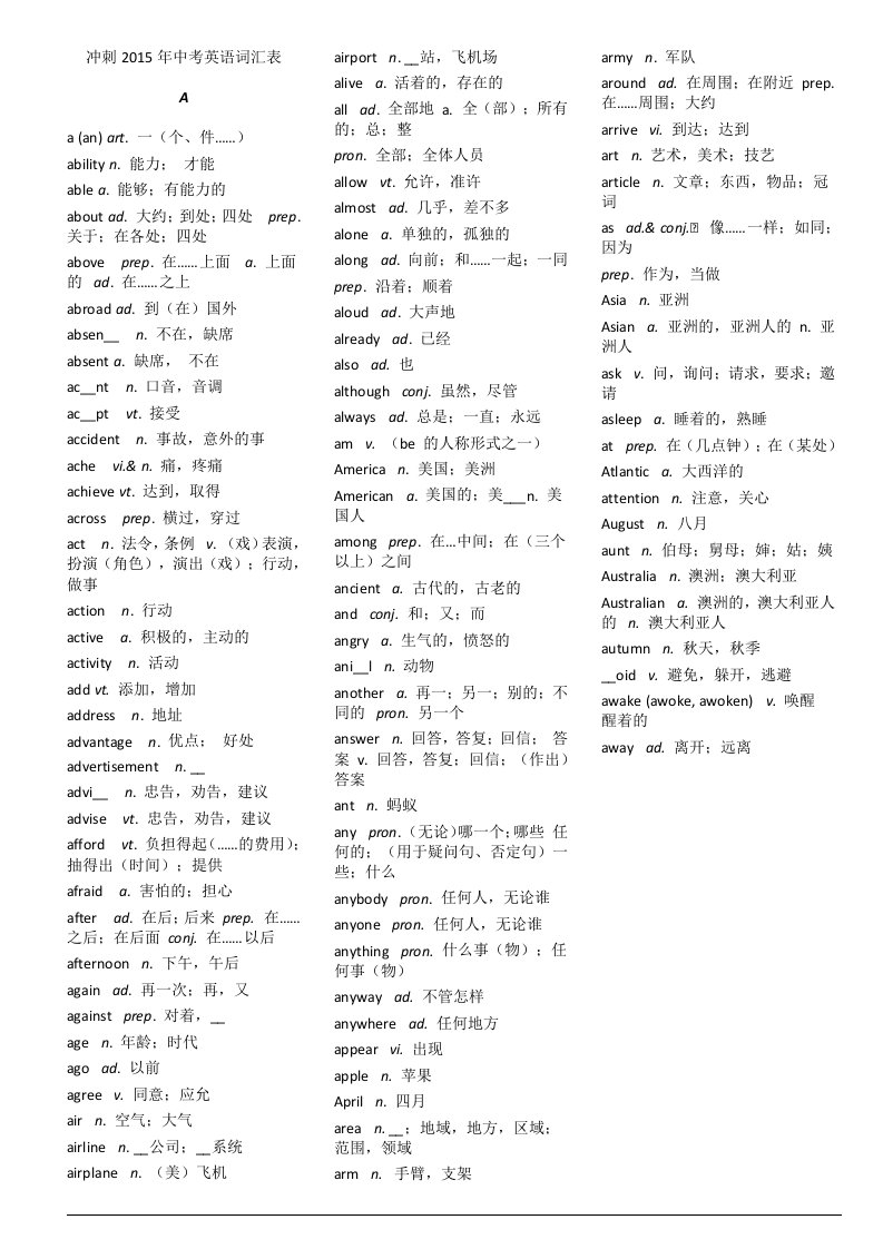 冲刺2016年中考英语词汇表【最新精选】