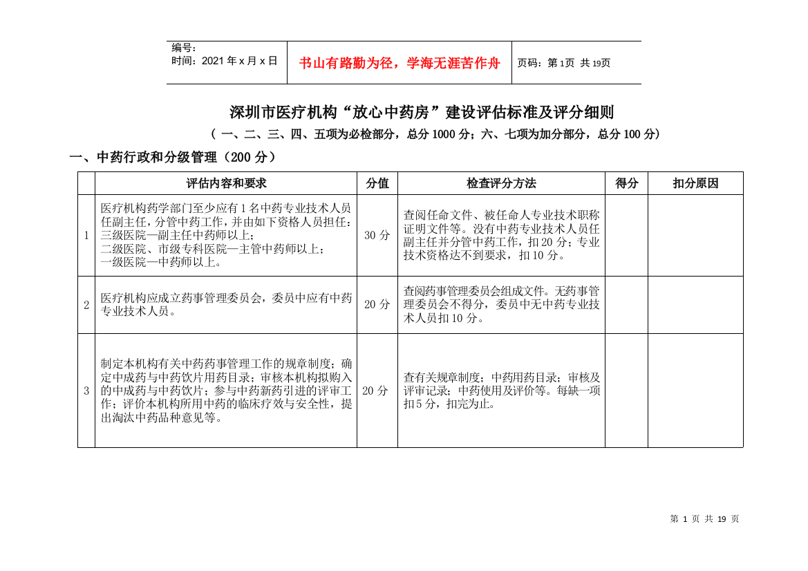 深圳市医疗机构“放心中药房”二期建设评估标准（草案）