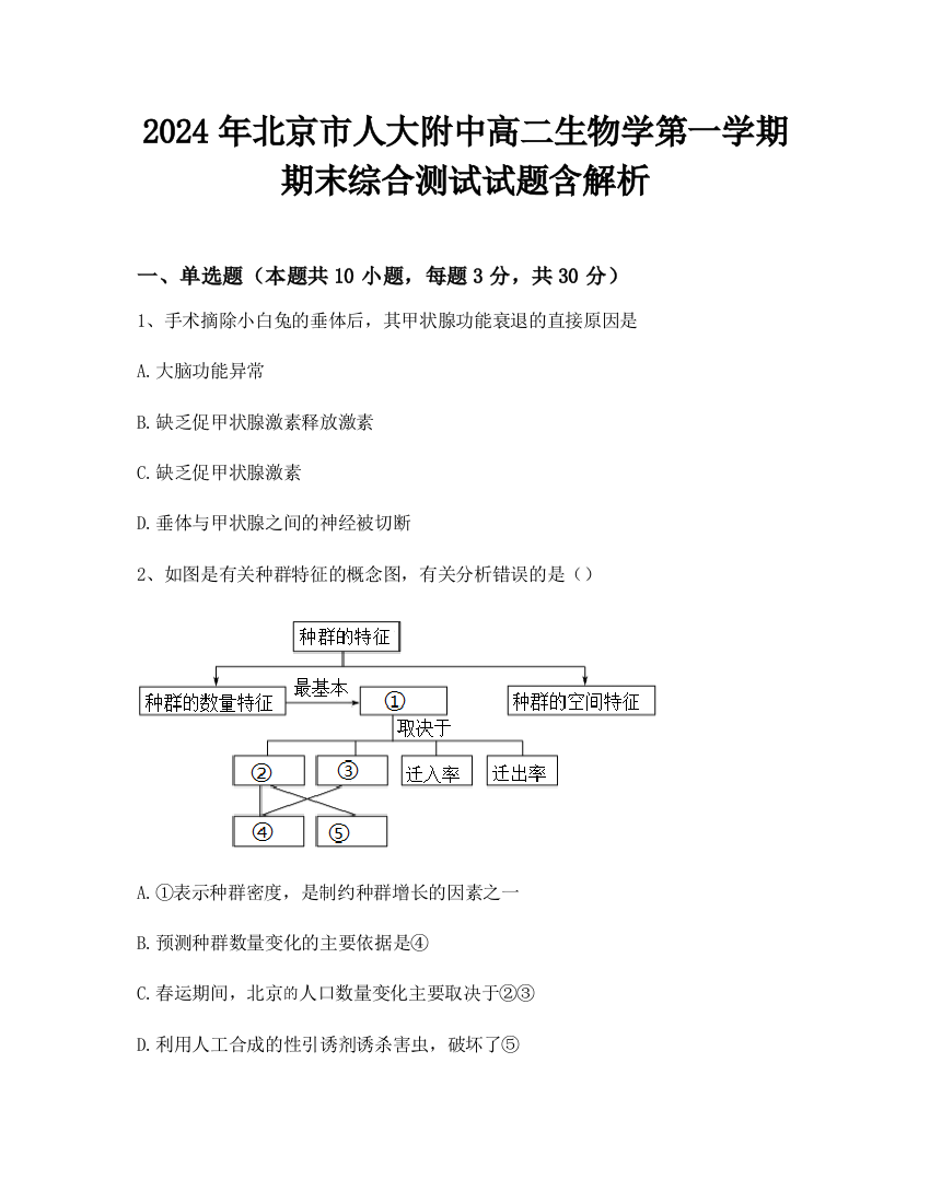 2024年北京市人大附中高二生物学第一学期期末综合测试试题含解析