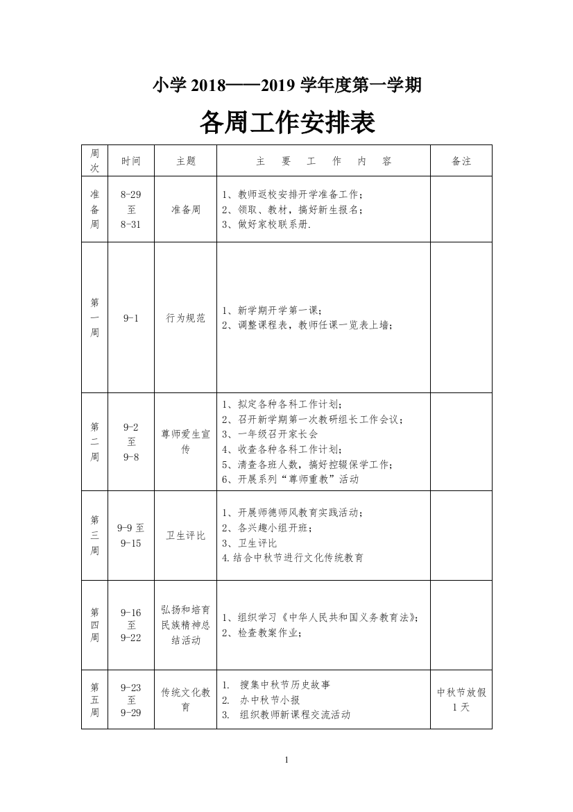 小学-学年度第一学期教育教学各周工作安排可打印可打印可打印