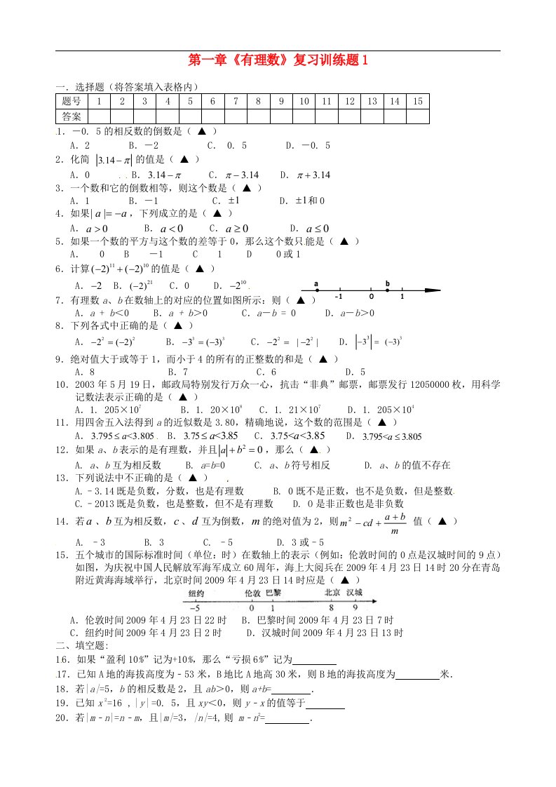 [名校联盟]湖北省十堰市茅箭区实验学校七年级数学上册第一章《有理数》复习训练题1