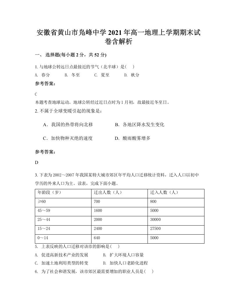 安徽省黄山市凫峰中学2021年高一地理上学期期末试卷含解析