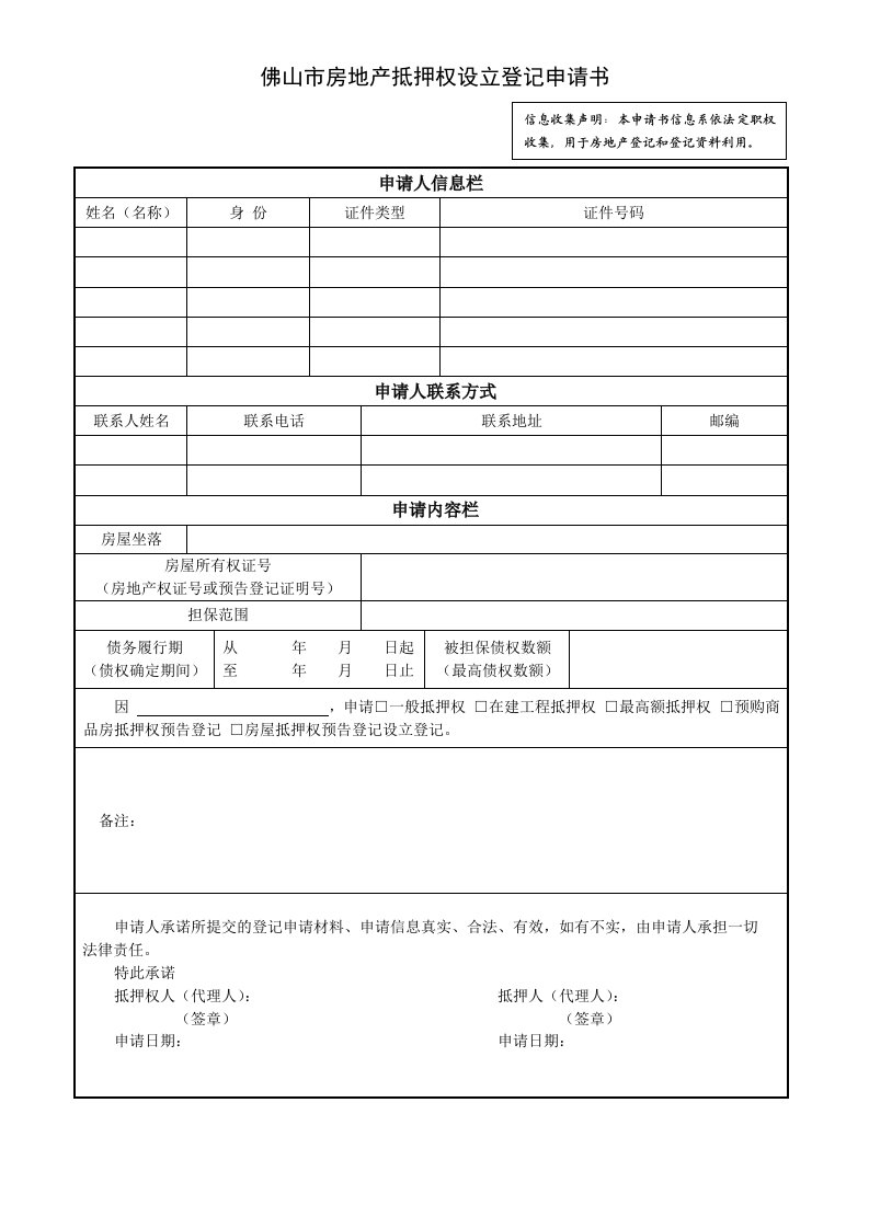 佛山市房地产抵押权设立登记申请书