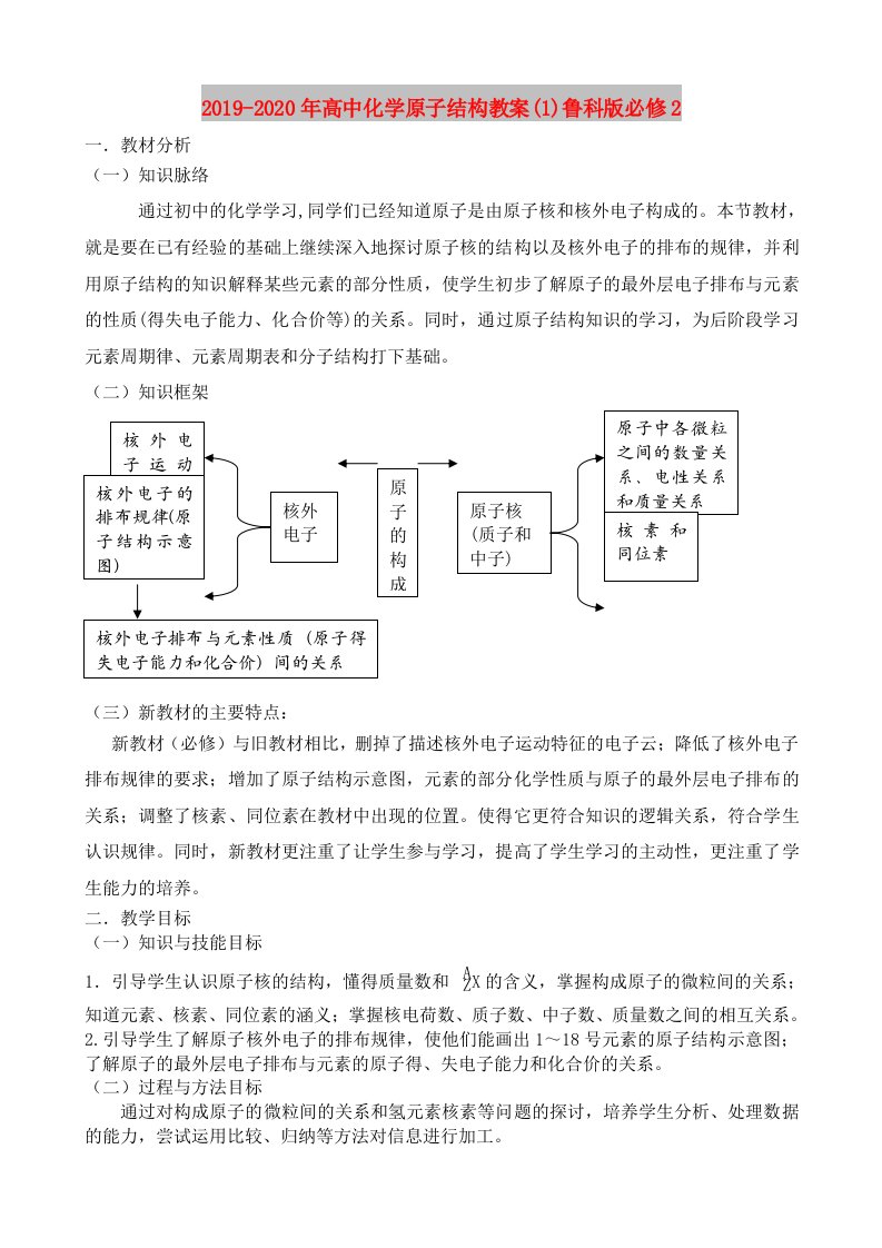 2019-2020年高中化学原子结构教案(1)鲁科版必修2