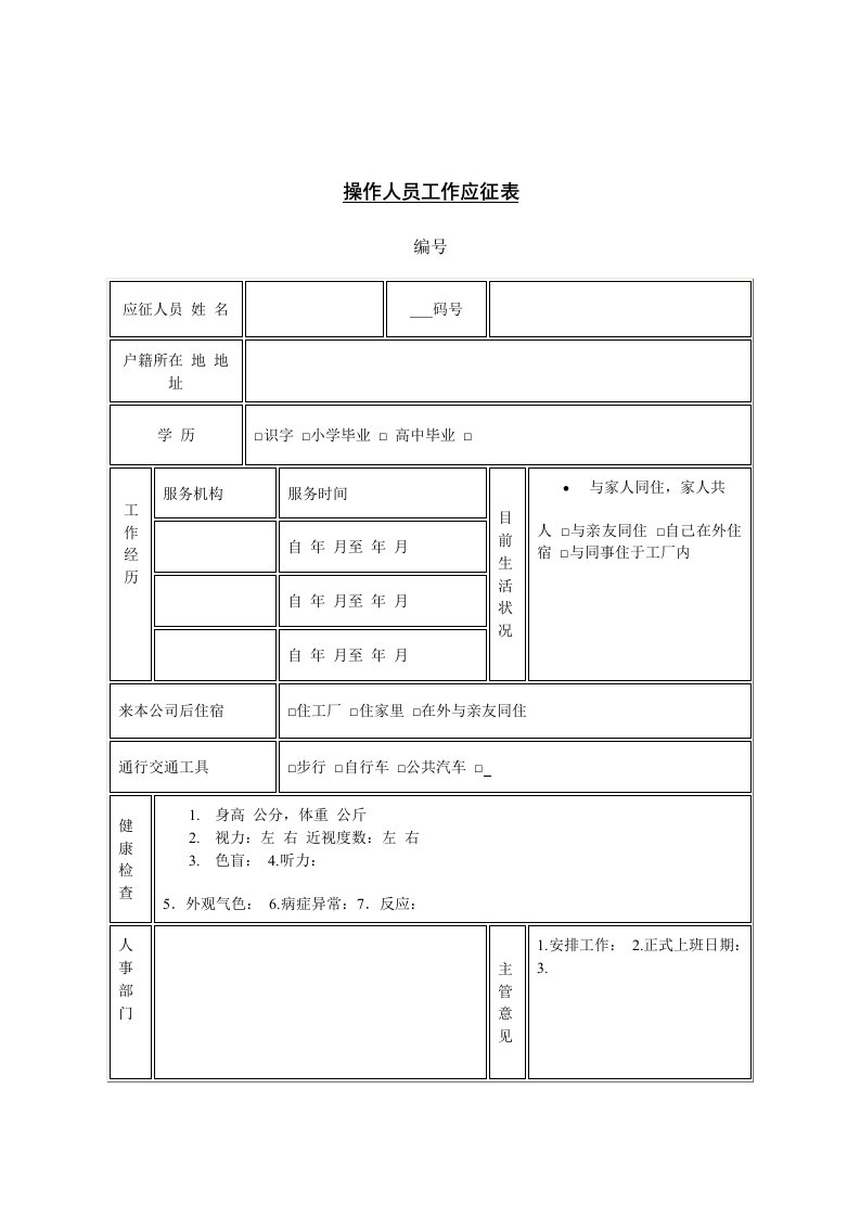 操作人员工作应征表