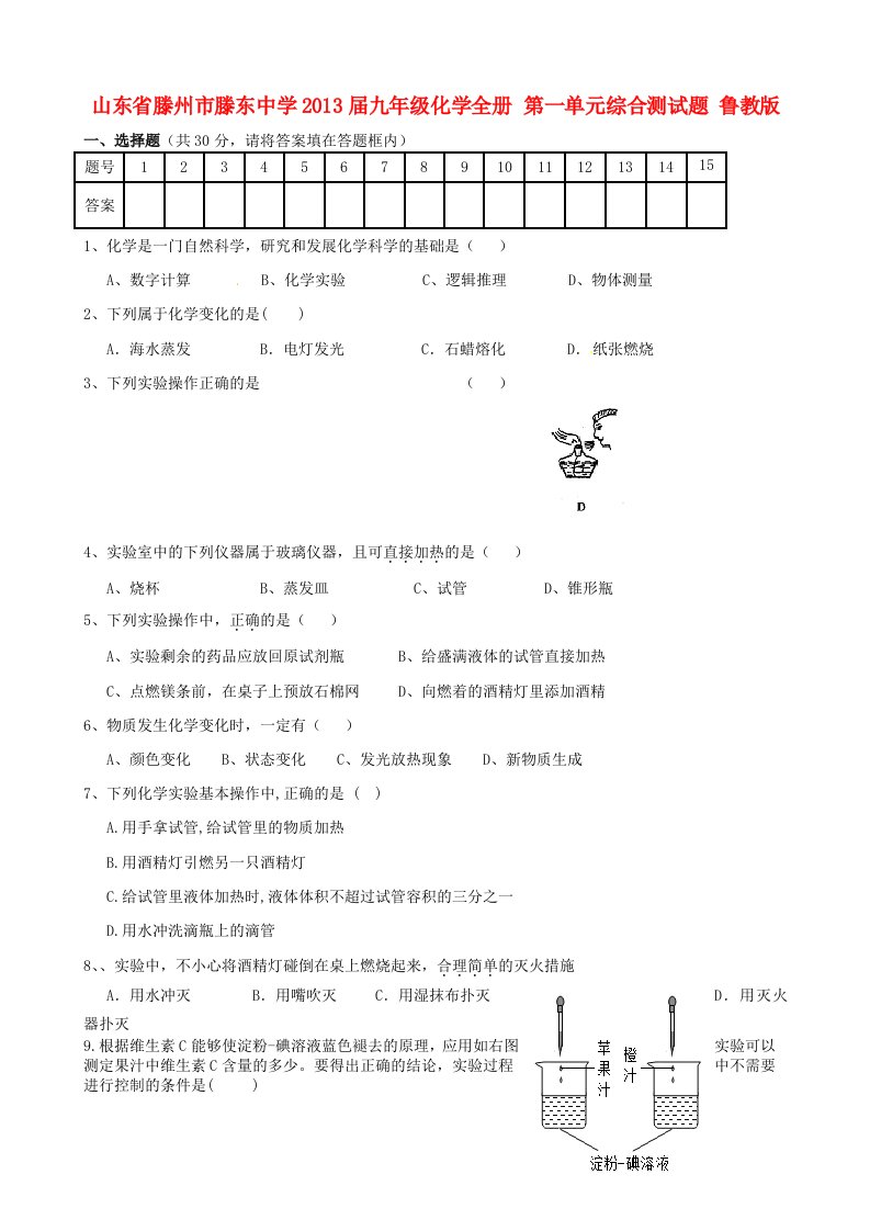 山东省滕州市滕东中学2013届九年级化学全册第一单元综合测试题