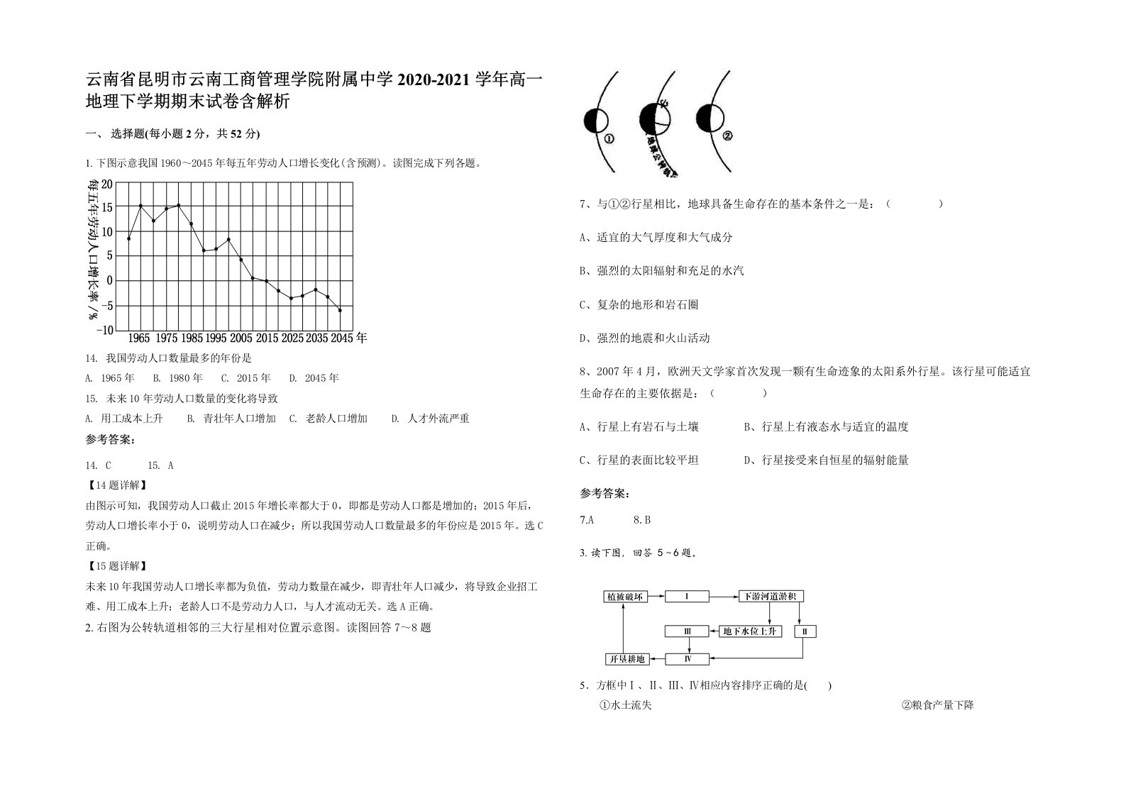 云南省昆明市云南工商管理学院附属中学2020-2021学年高一地理下学期期末试卷含解析