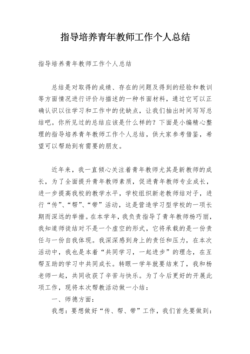 指导培养青年教师工作个人总结