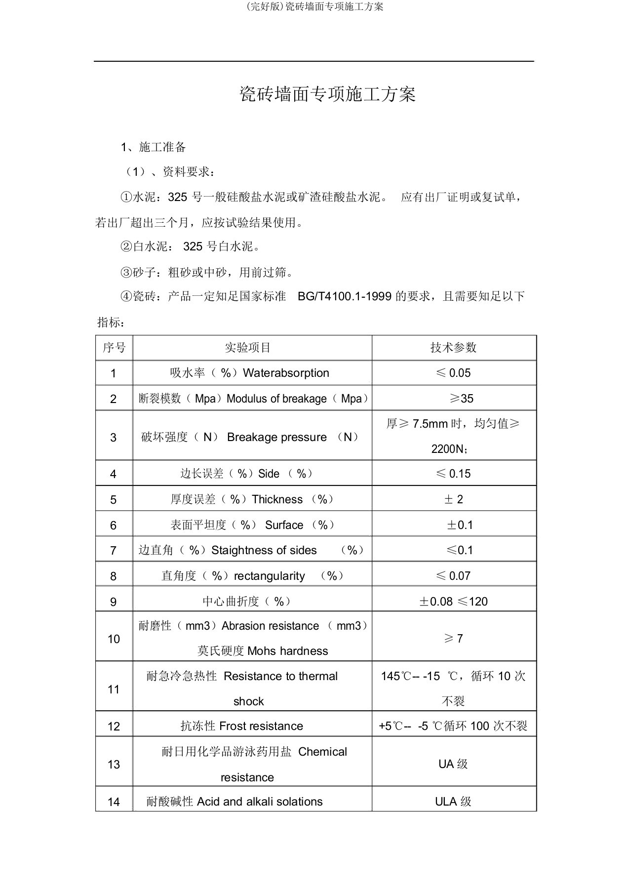 (完整版)瓷砖墙面专项施工方案