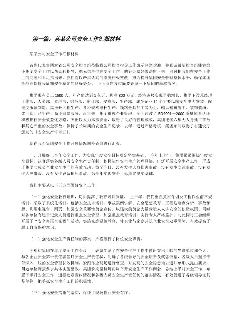 某某公司安全工作汇报材料[修改版]