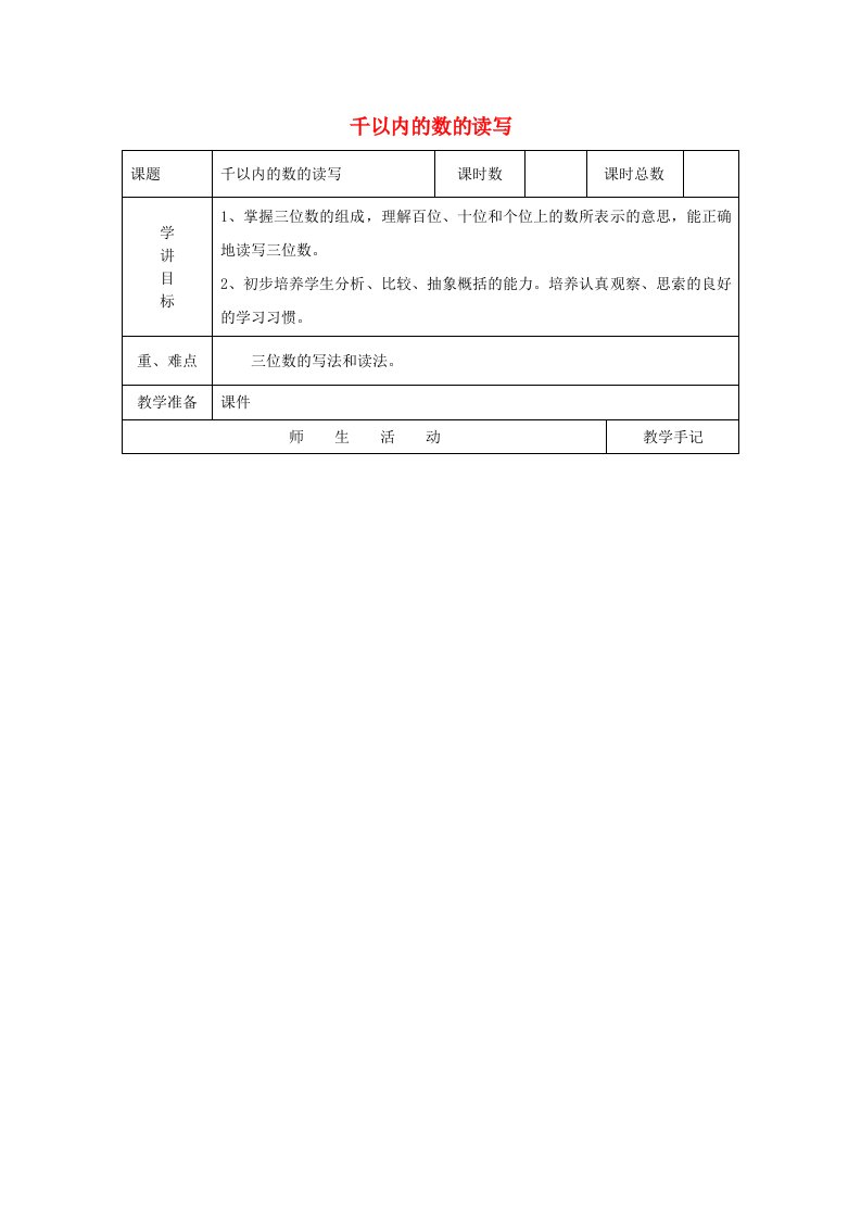 2023二年级数学下册四认识万以内的数第2课时千以内的数的读写教案苏教版