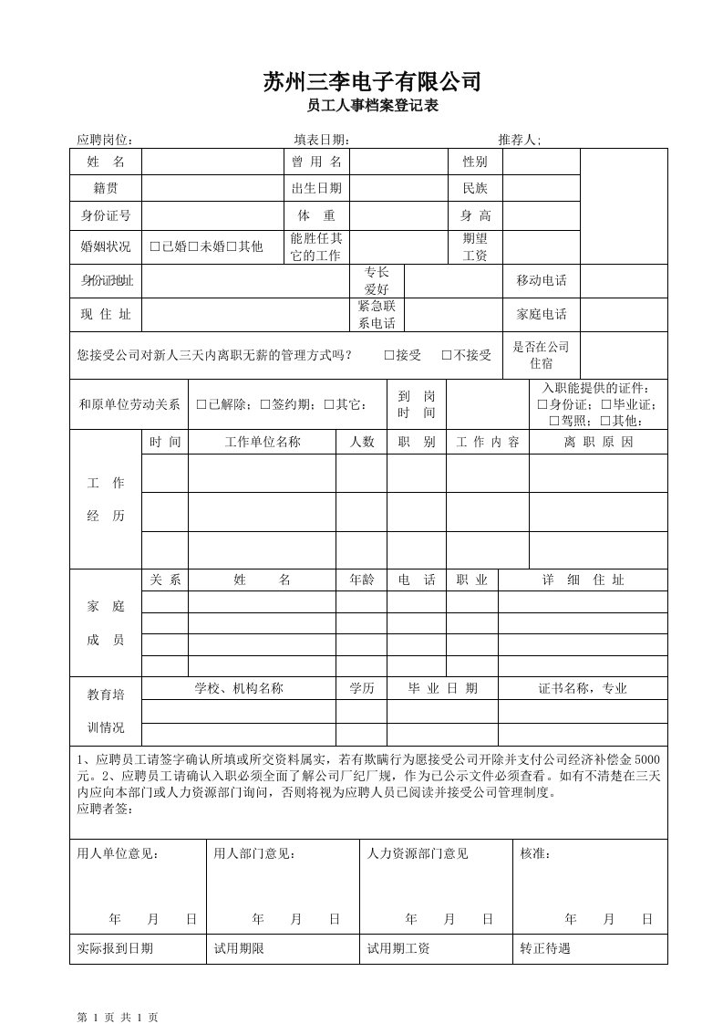 《员工人事档案登记表表.》