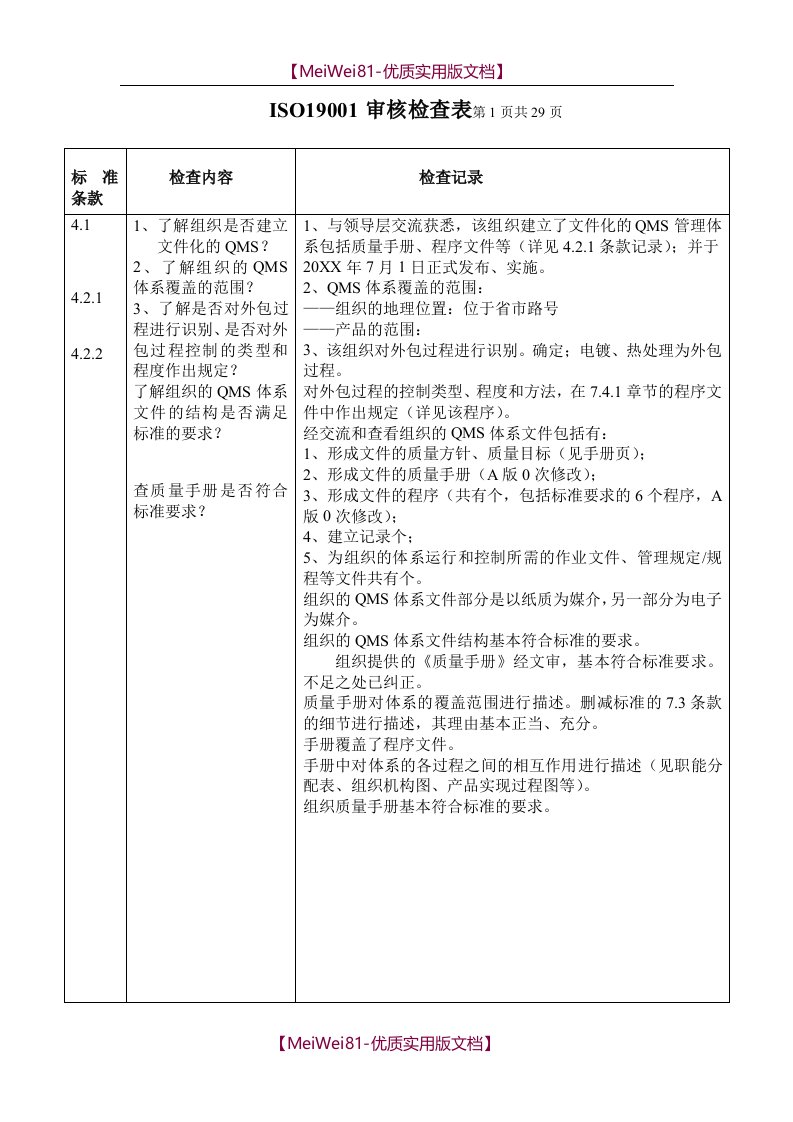 【8A版】ISO19001外审使用的审核检查表