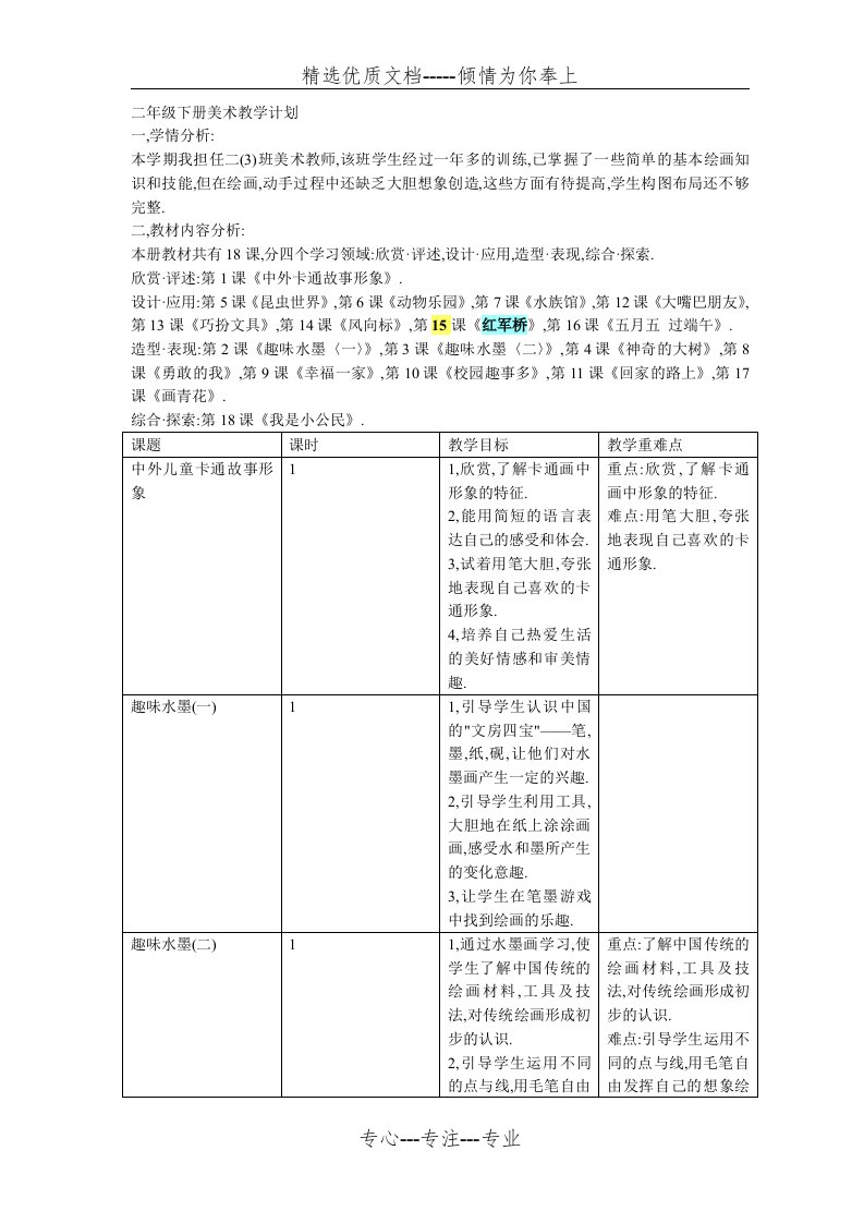 赣美版二年级美术下册教学计划(共6页)