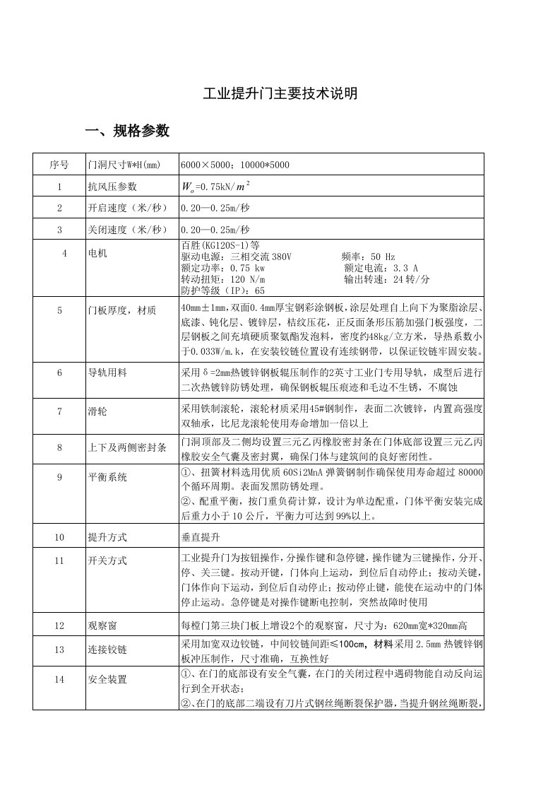 工业提升门技术参数规格