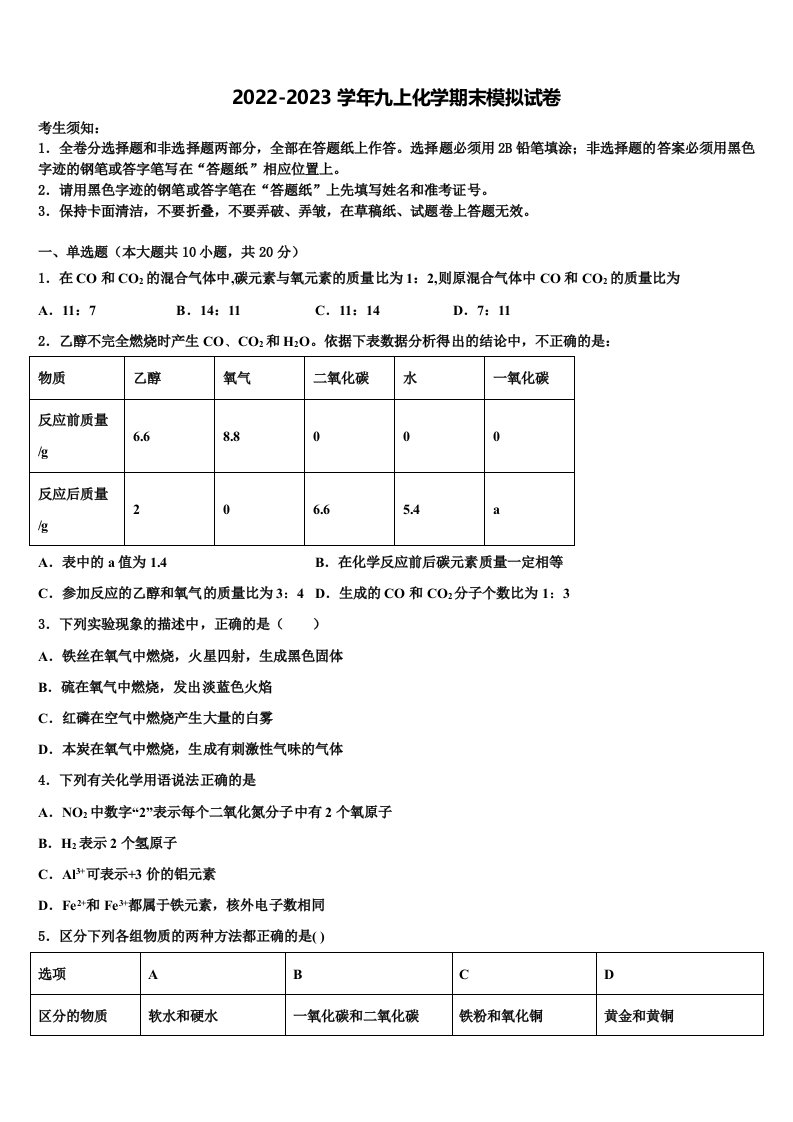 江苏省盐城市初级中学2022年化学九年级第一学期期末检测模拟试题含解析