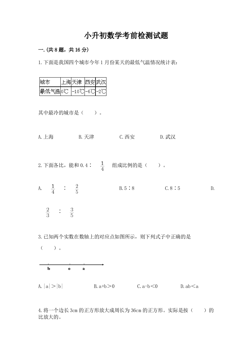 小升初数学考前检测试题及参考答案（培优）