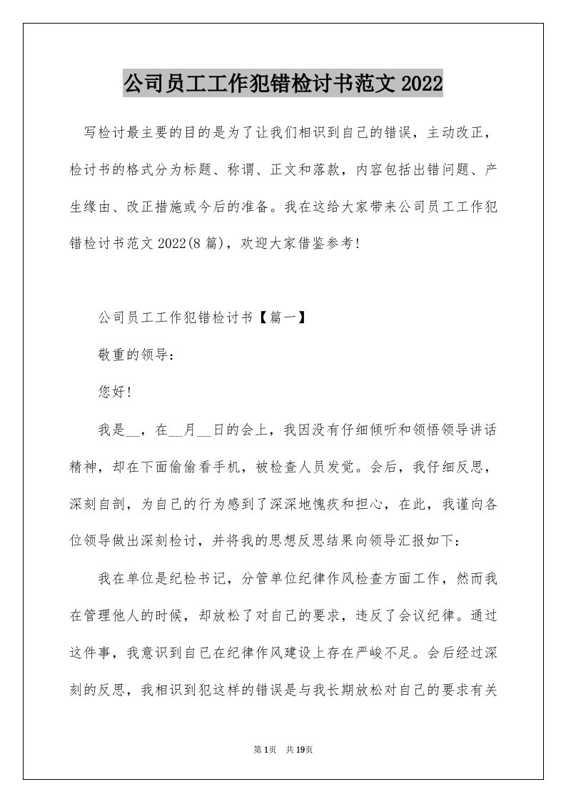 公司员工工作犯错检讨书范文2022