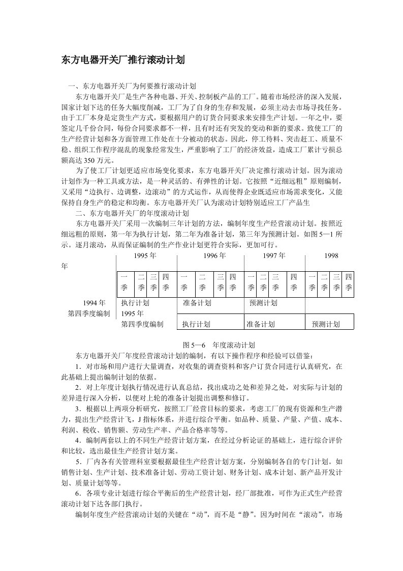 东方电器开关厂推行滚动计划