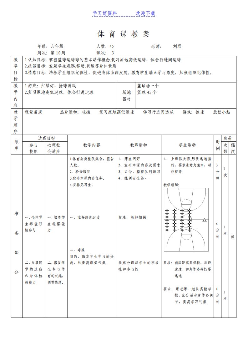 小学六年级体育篮球教案