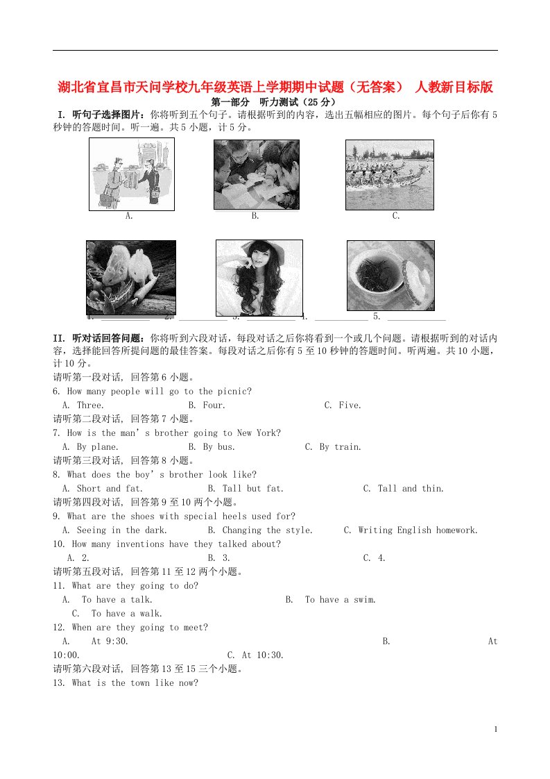 湖北省宜昌市天问学校九级英语上学期期中试题（无答案）