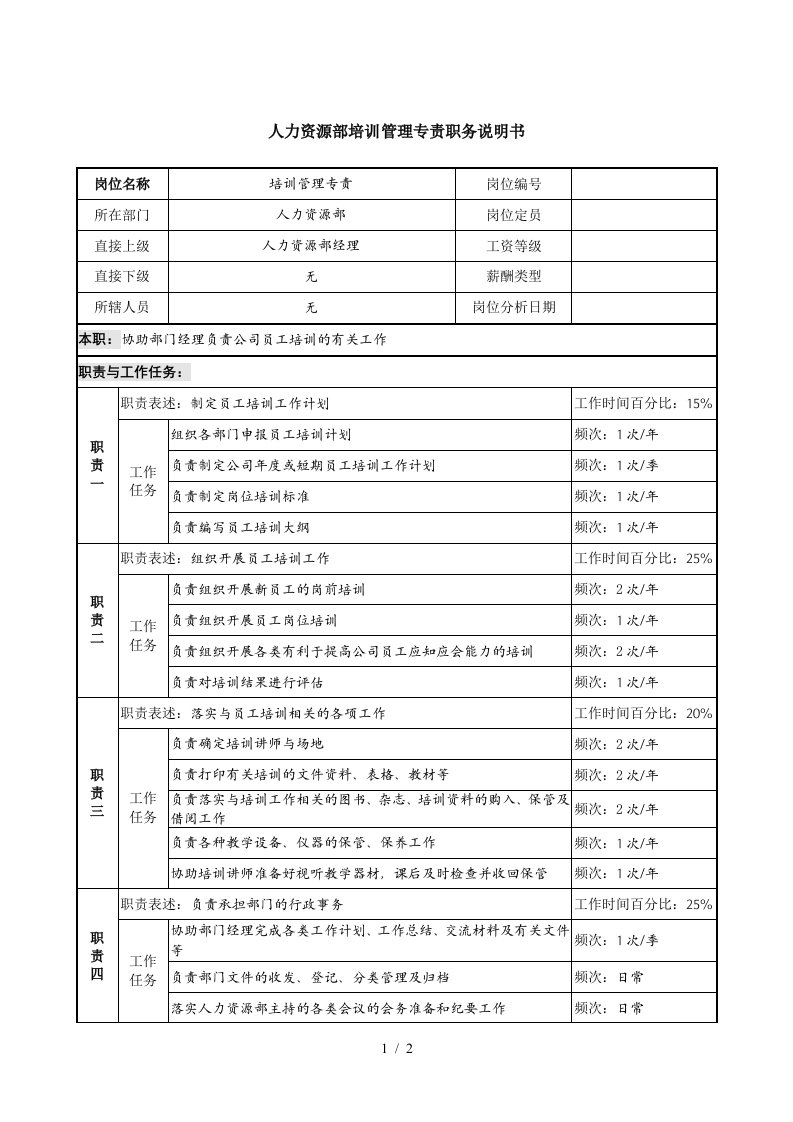 信托投资公司人力资源部培训管理专责职务说明书