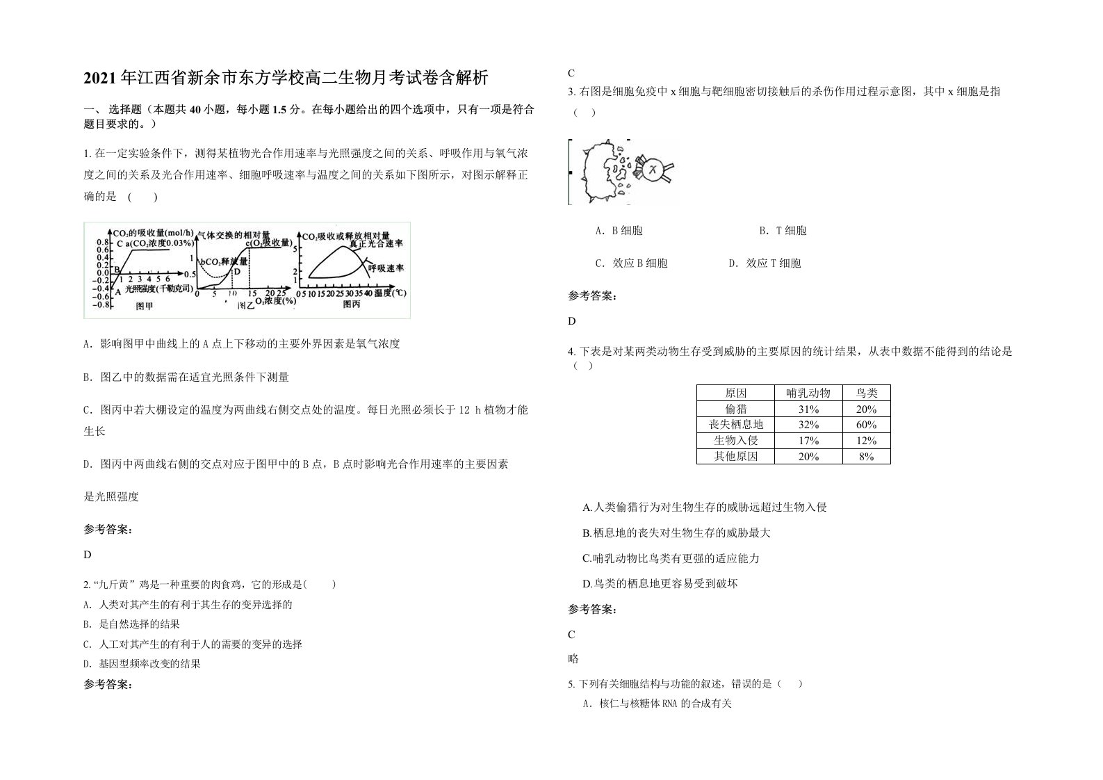 2021年江西省新余市东方学校高二生物月考试卷含解析